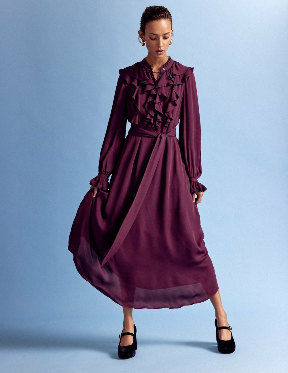 Ruffle Front Shirt Dress-Dark Cherry / Boden On sale
