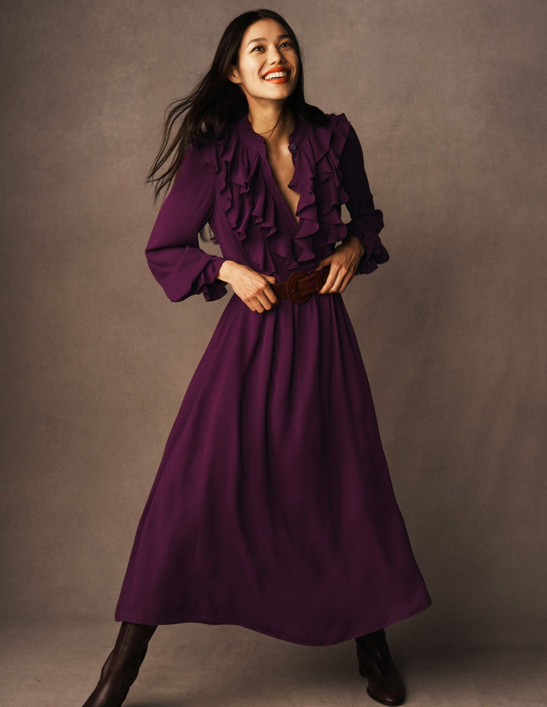 Ruffle Front Shirt Dress-Dark Cherry / Boden On sale