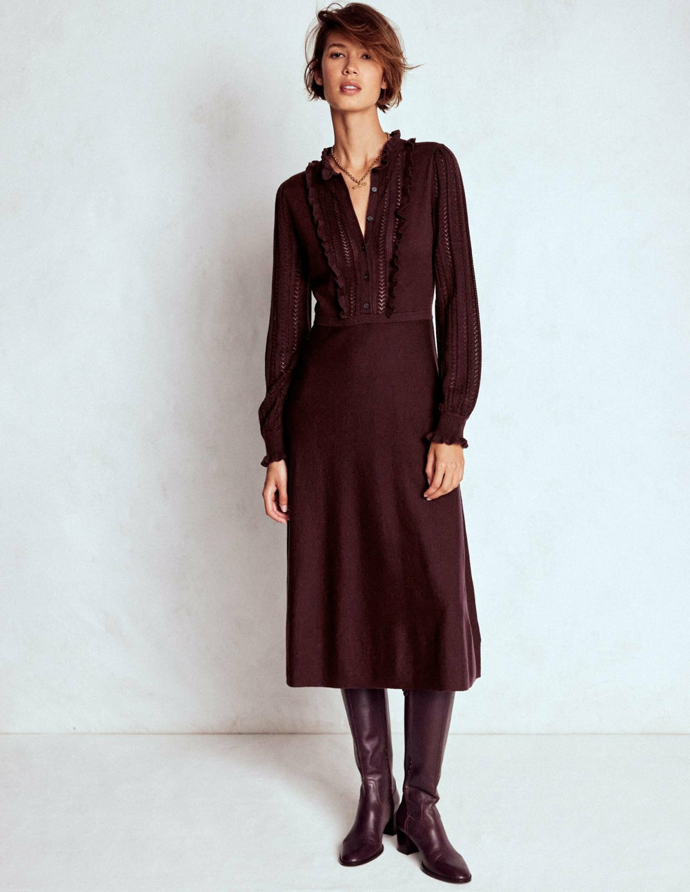 Winifred Frilled Knitted Dress-Coffee Bean / Boden us