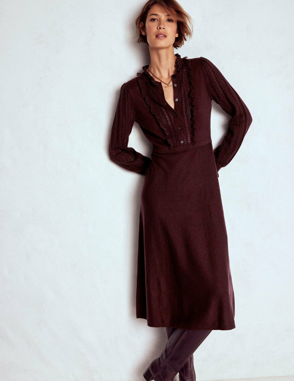 Winifred Frilled Knitted Dress-Coffee Bean / Boden us