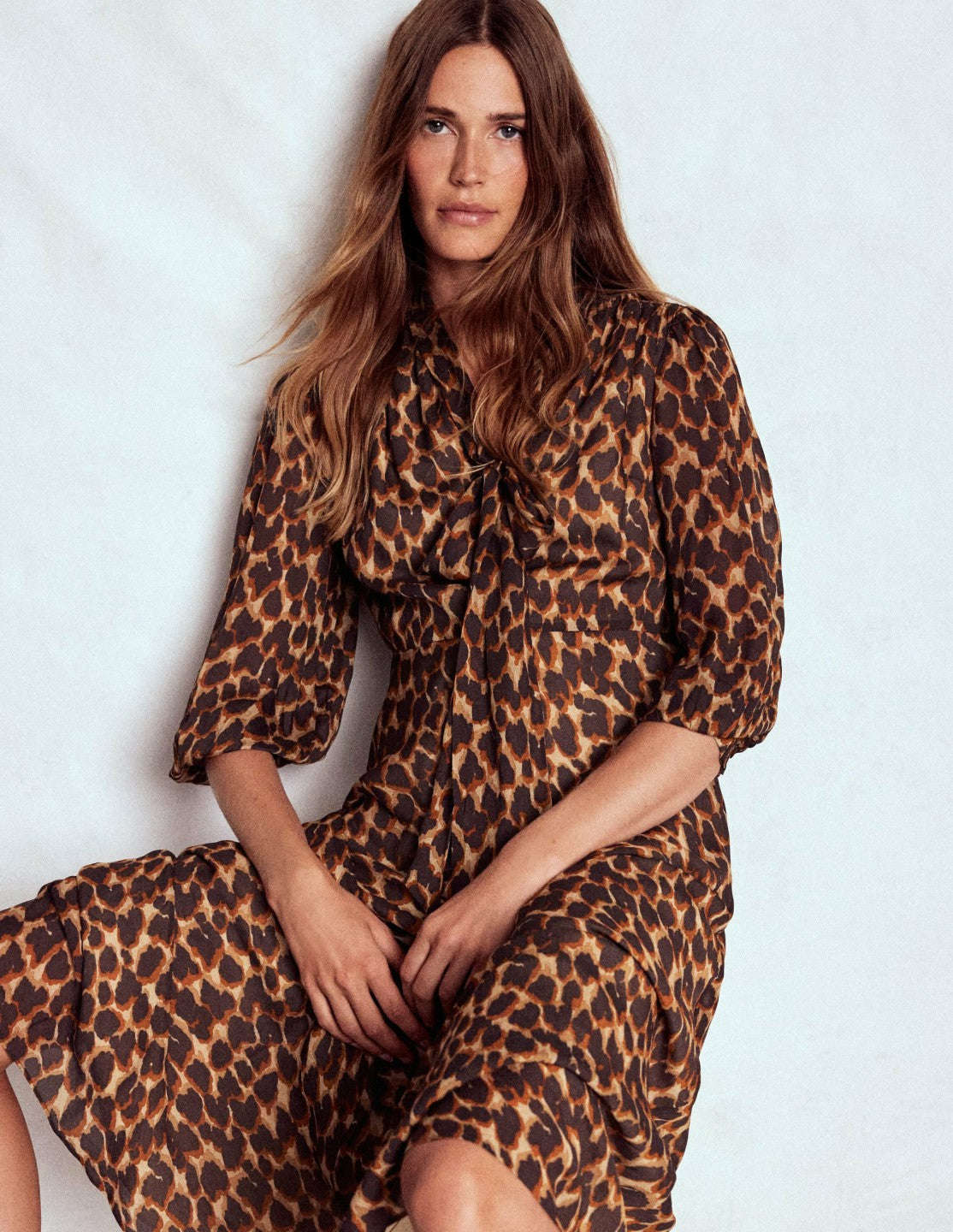 Brooke Tie Neck Tea Dress-Sand, Abstract Leopard Spot / Boden