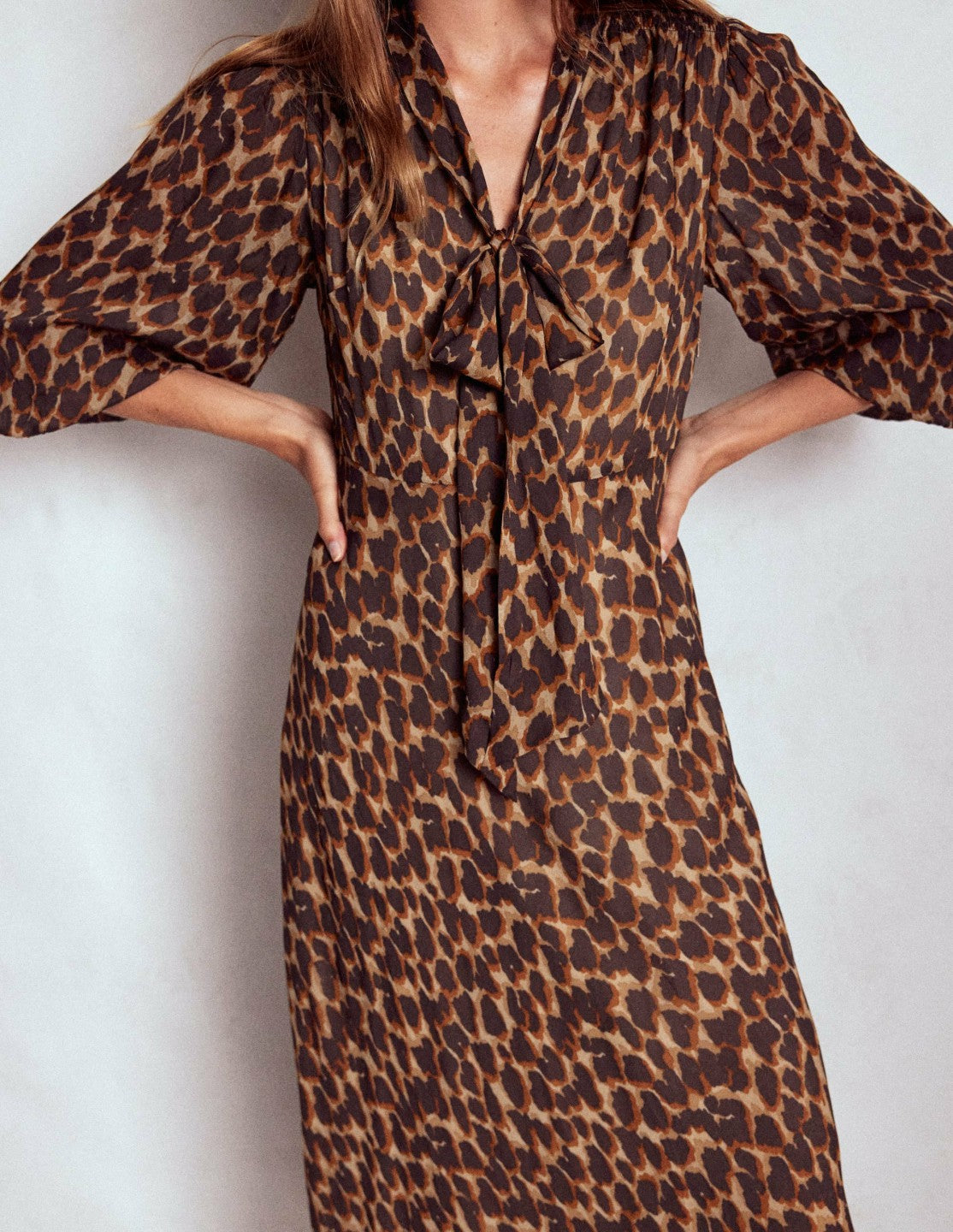 Brooke Tie Neck Tea Dress-Sand, Abstract Leopard Spot / Boden