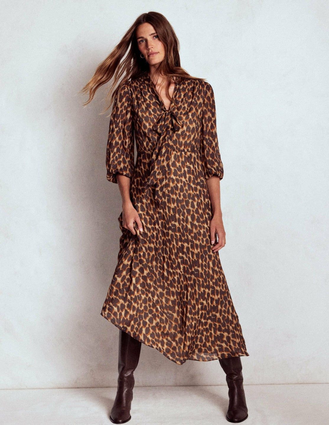 Brooke Tie Neck Tea Dress-Sand, Abstract Leopard Spot / Boden