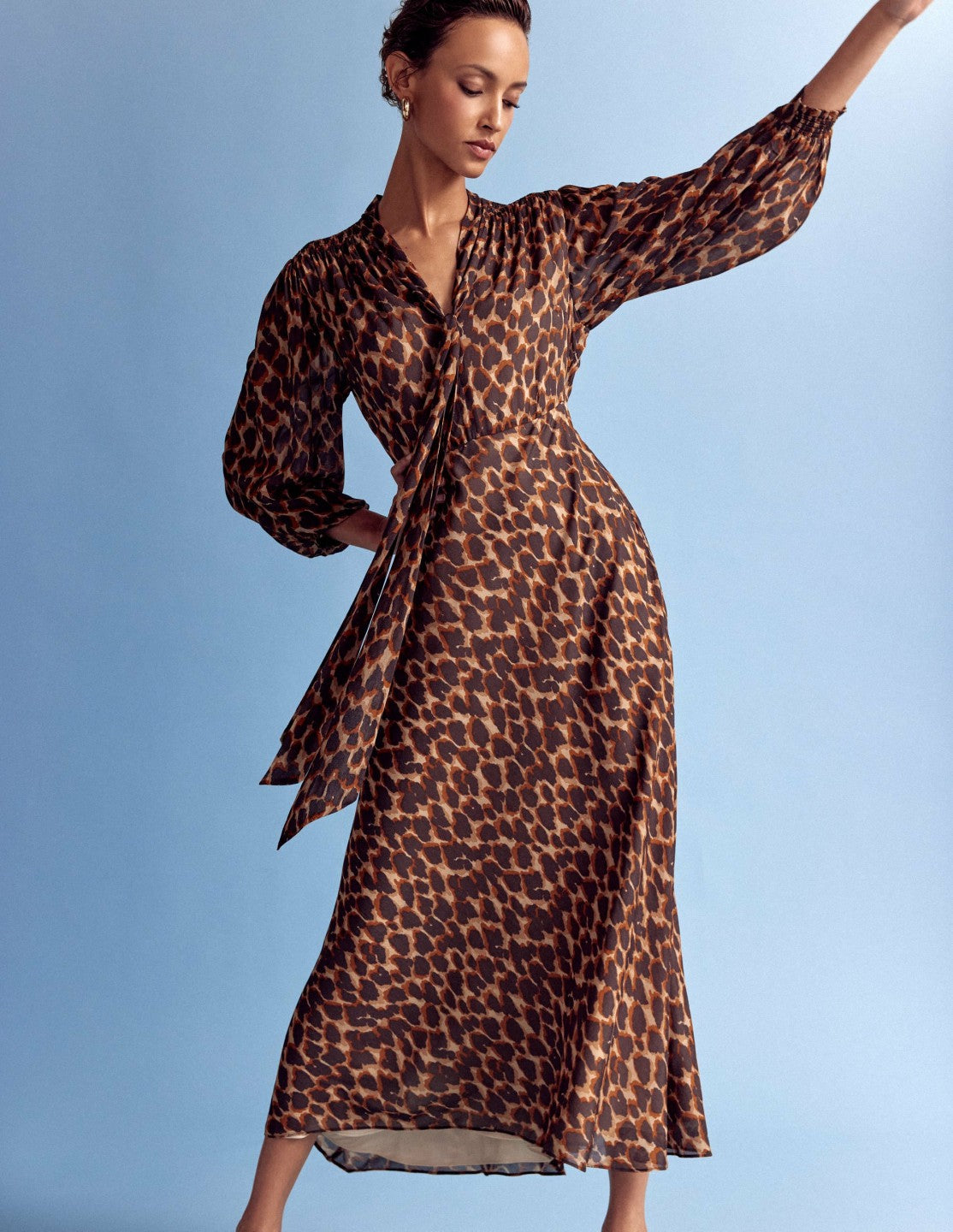 Brooke Tie Neck Tea Dress-Sand, Abstract Leopard Spot / Boden