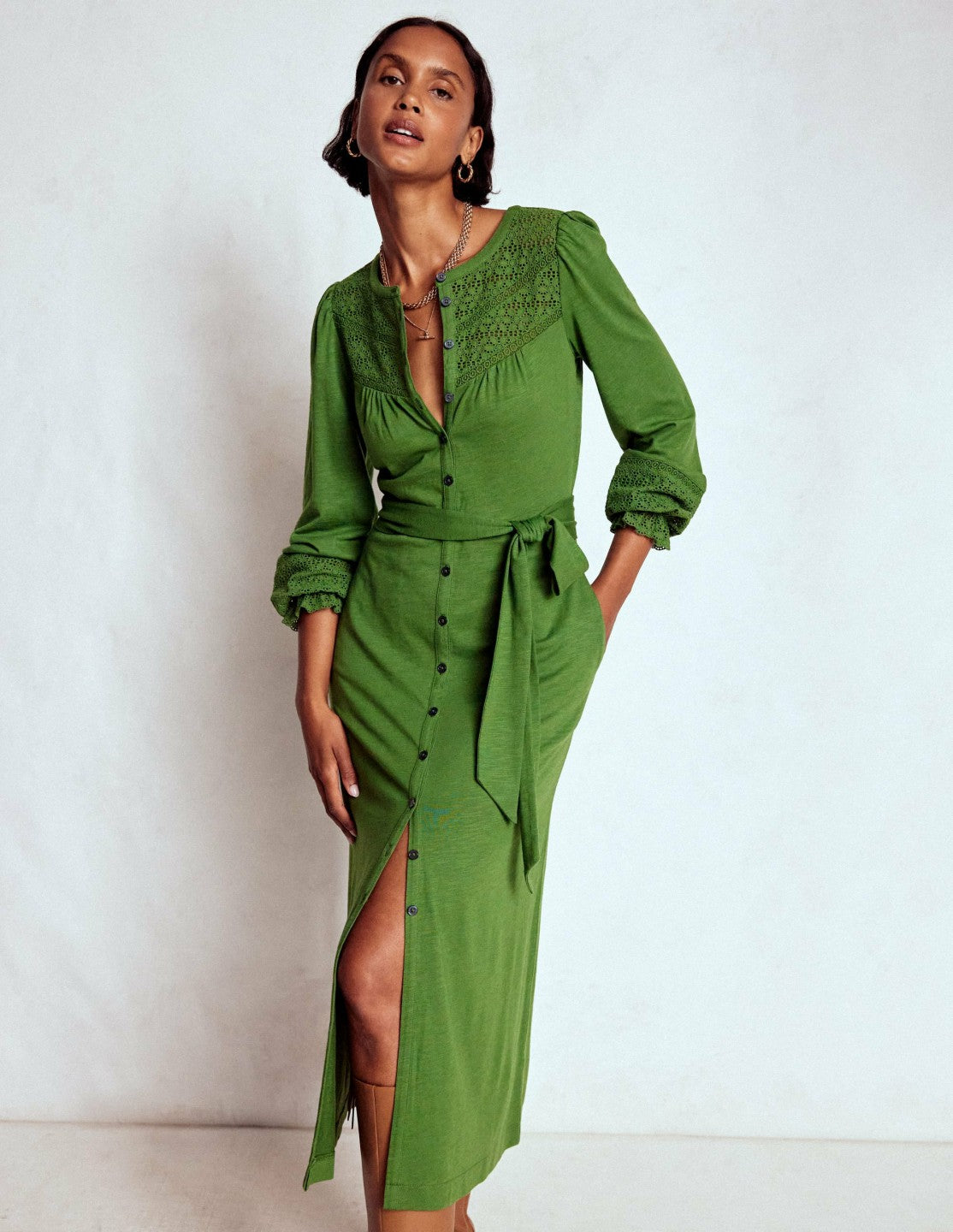 Pippa Broderie Jersey Dress-Promenade Green / Boden On sale