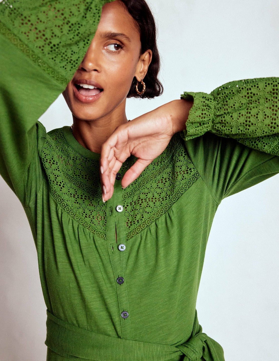 Pippa Broderie Jersey Dress-Promenade Green / Boden On sale