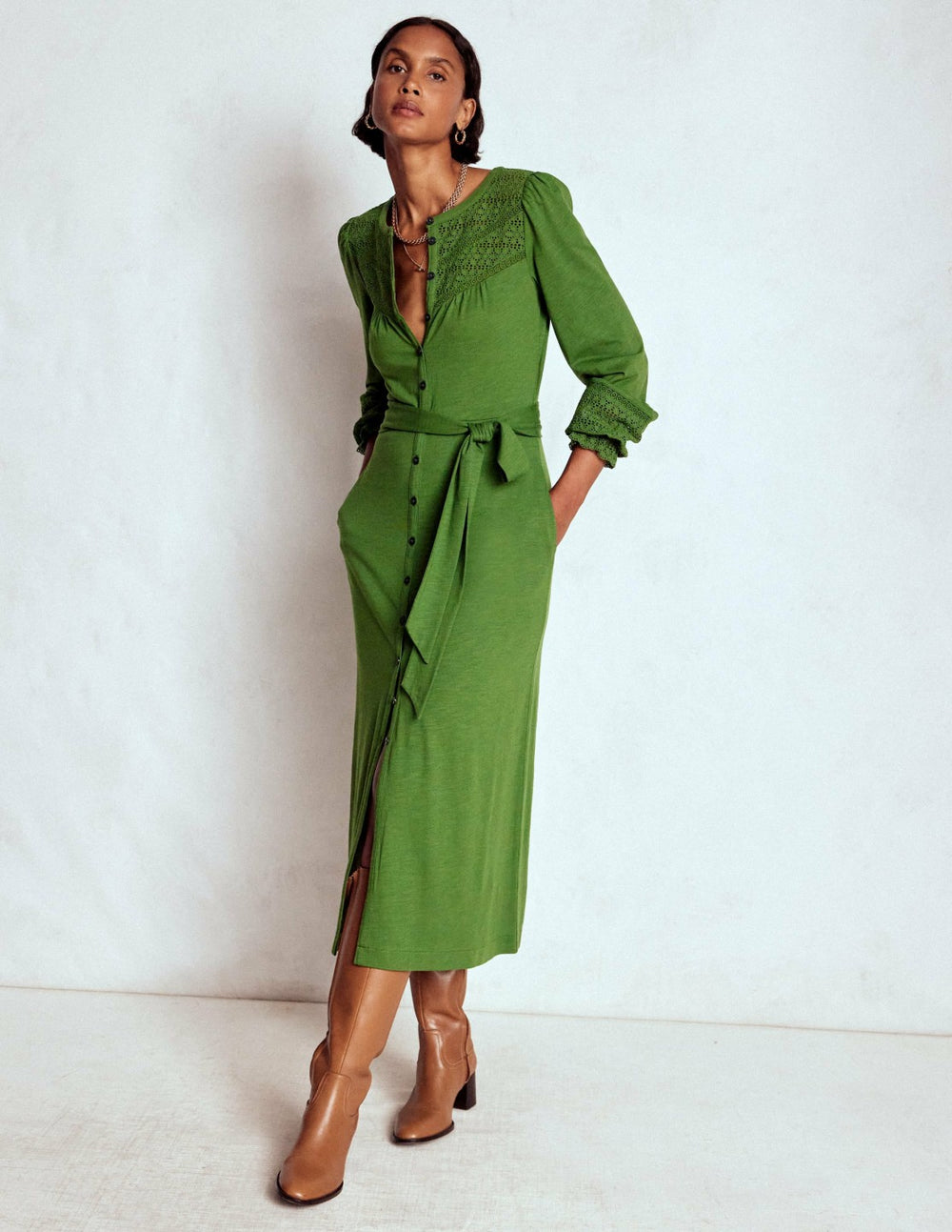 Pippa Broderie Jersey Dress-Promenade Green / Boden On sale