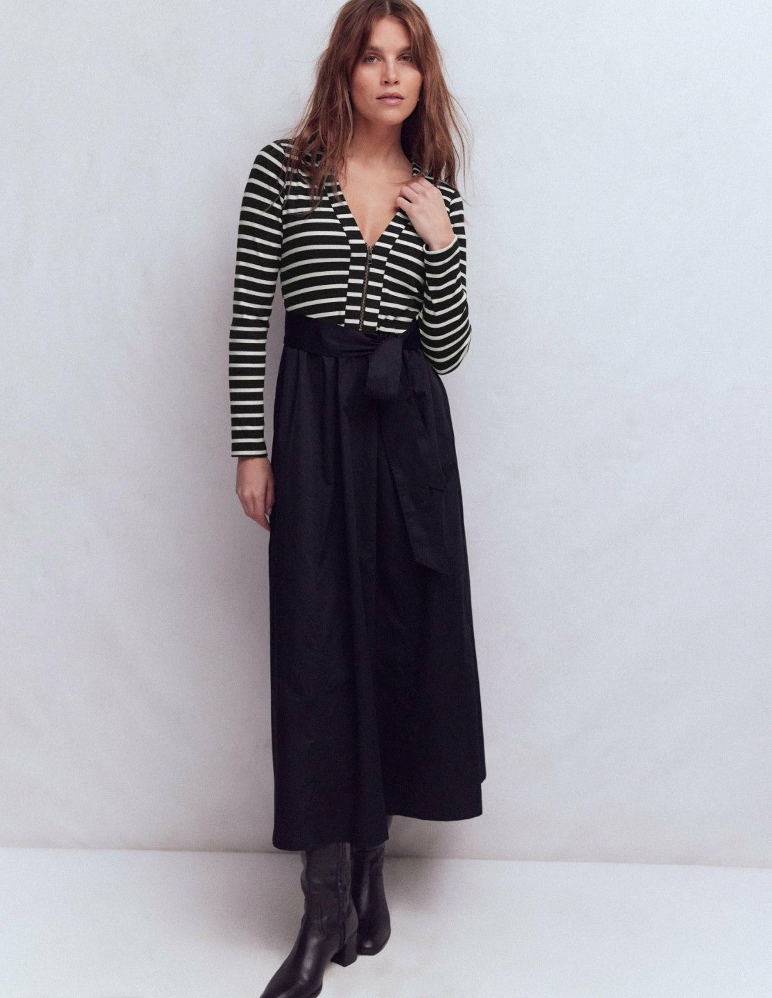 Long Sleeve Mix Media Dress-Black Stripe / Boden us