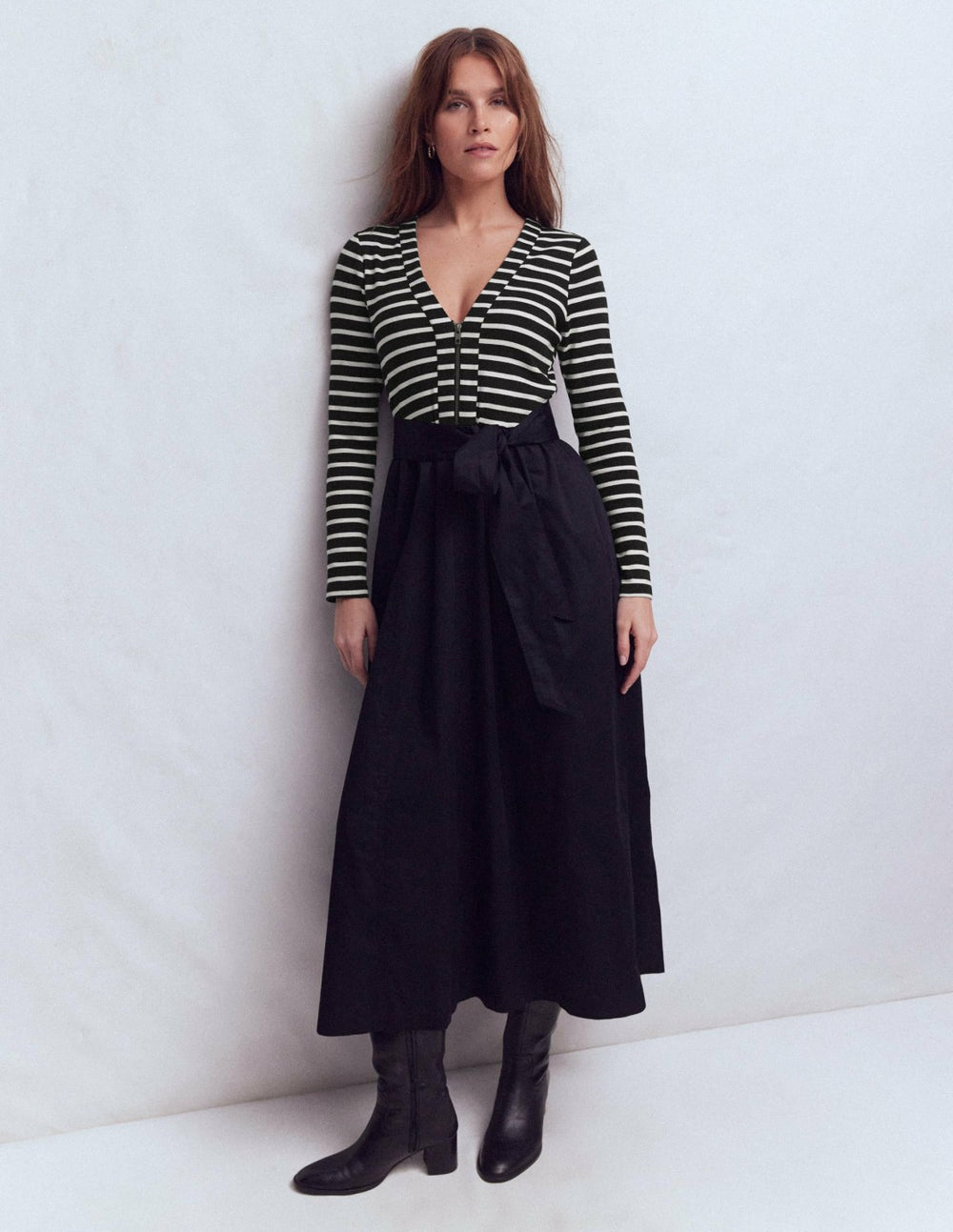 Long Sleeve Mix Media Dress-Black Stripe / Boden us