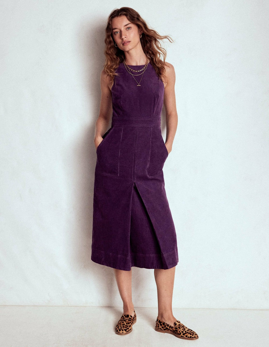 Ula Box Pleat Cord Midi Dress-Viola Purple / Boden
