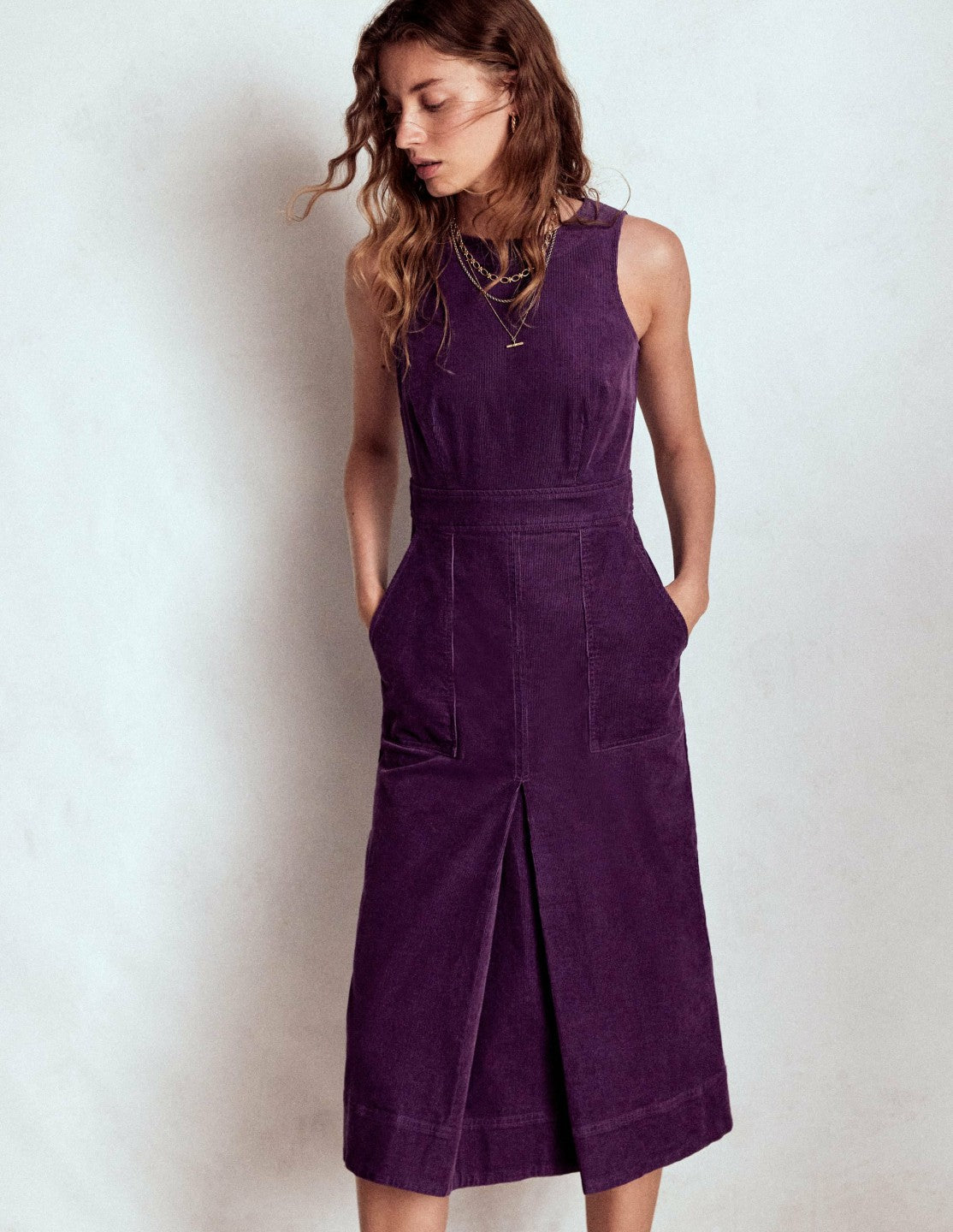 Ula Box Pleat Cord Midi Dress-Viola Purple / Boden