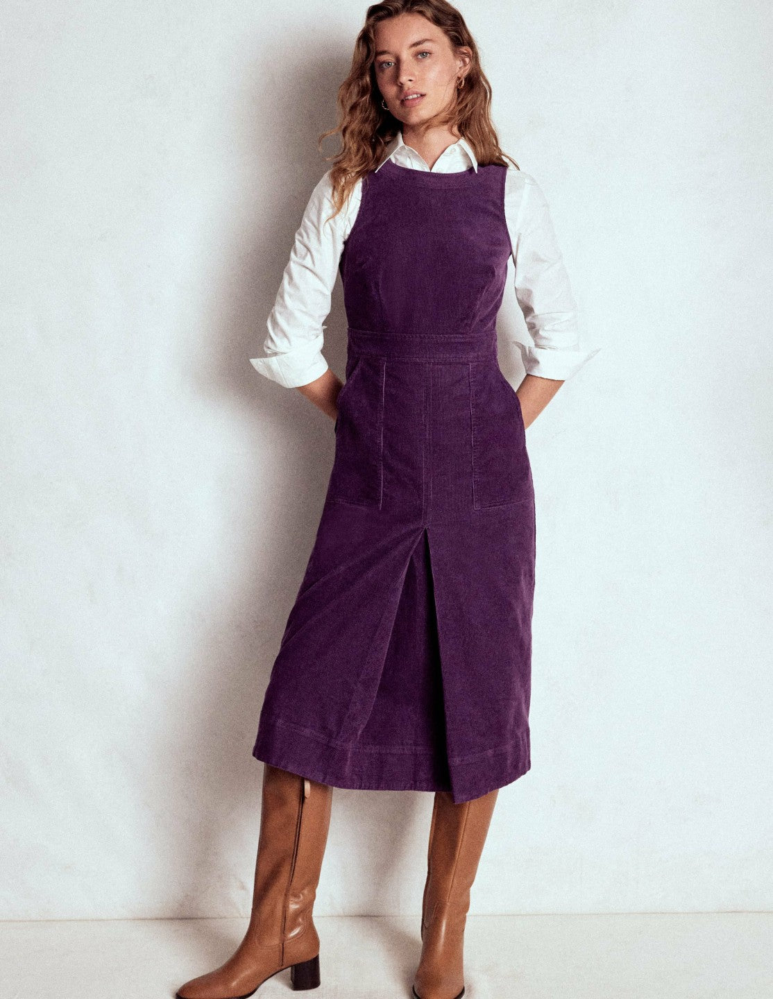 Ula Box Pleat Cord Midi Dress-Viola Purple / Boden