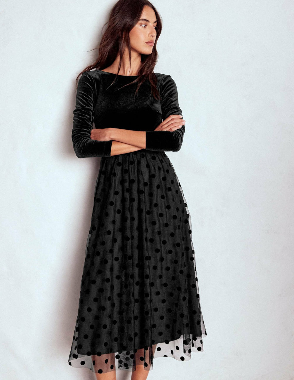 Velvet Bodice Jersey Dress-Black / Boden Online