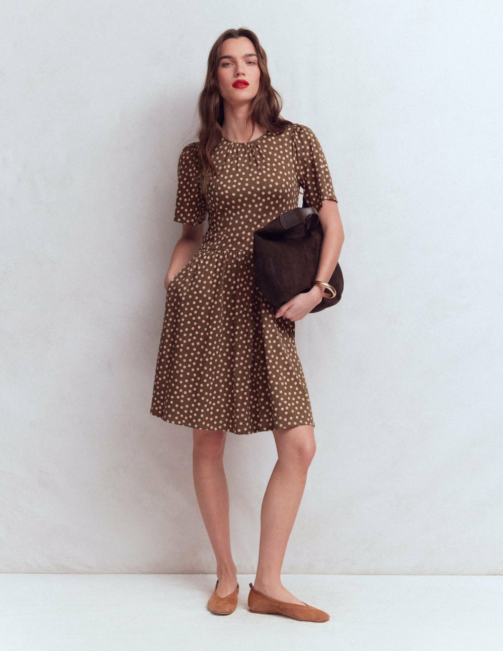 Louisa Short Jersey Dress-Raw Umber, Painted Dot / Boden Outlet