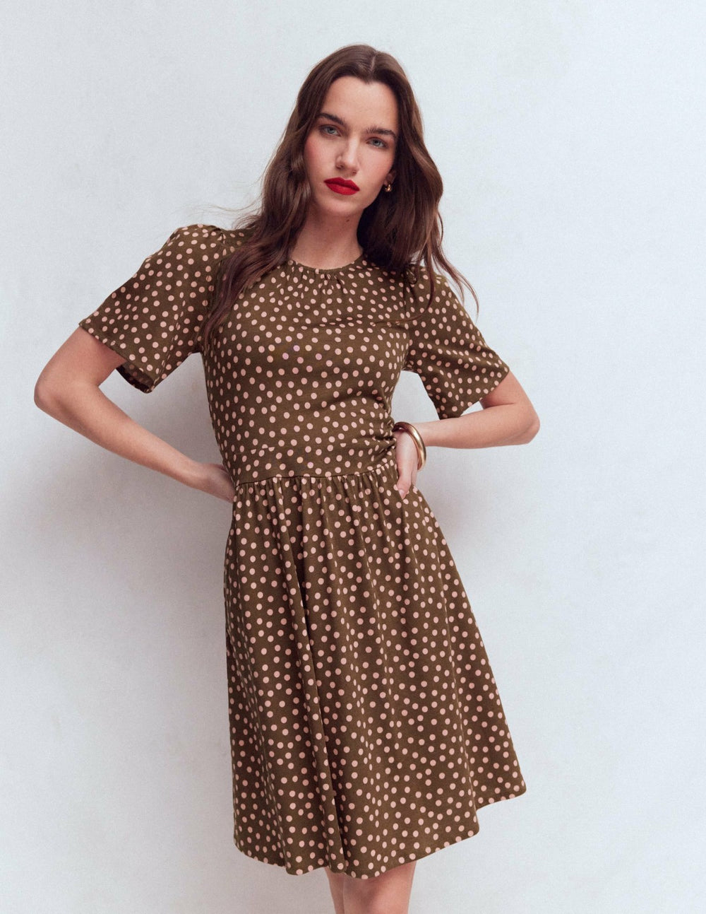 Louisa Short Jersey Dress-Raw Umber, Painted Dot / Boden Outlet