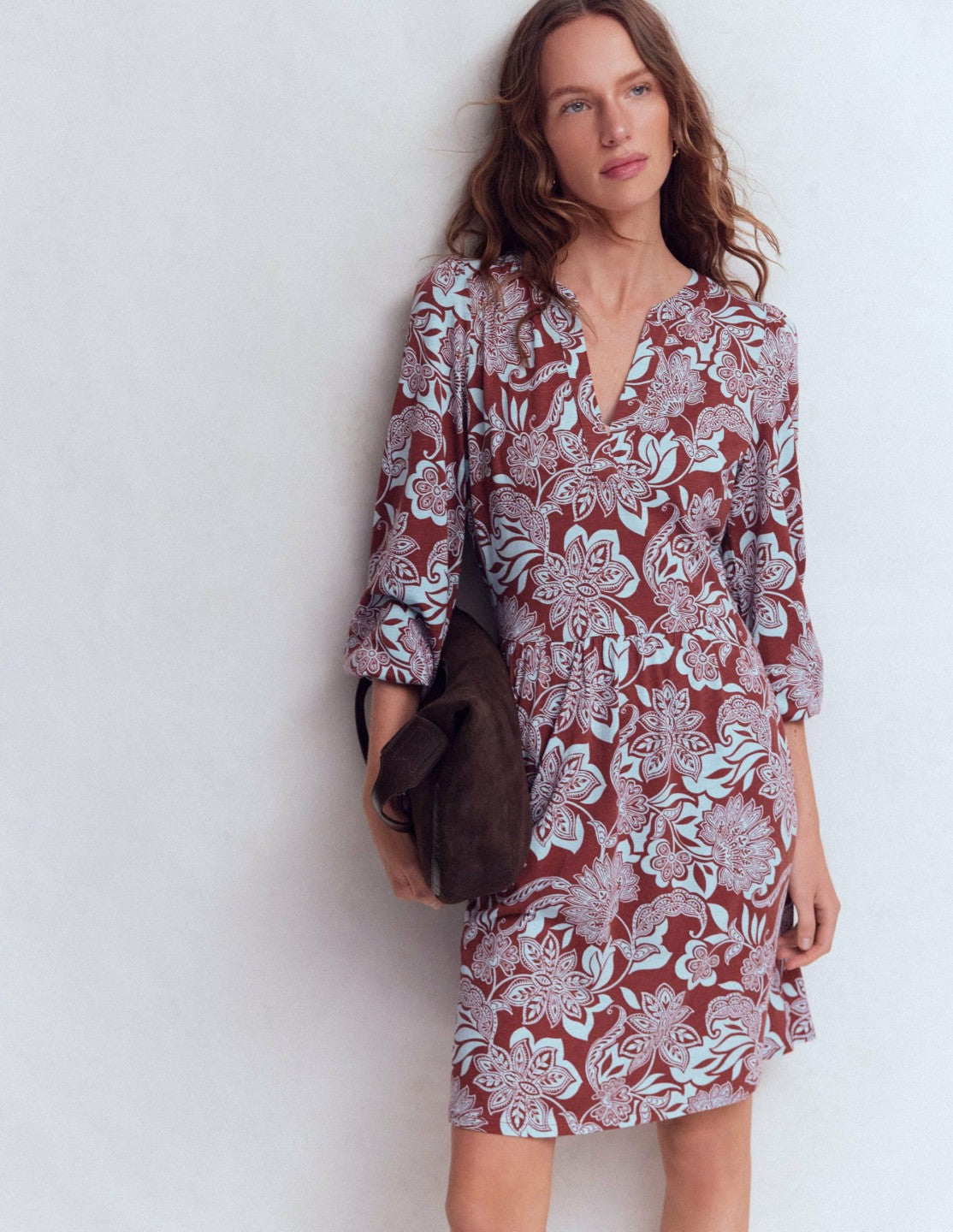 Cathy Notch Neck Jersey Dress-Roasted Brown, Elegant Blossom / Boden Sale