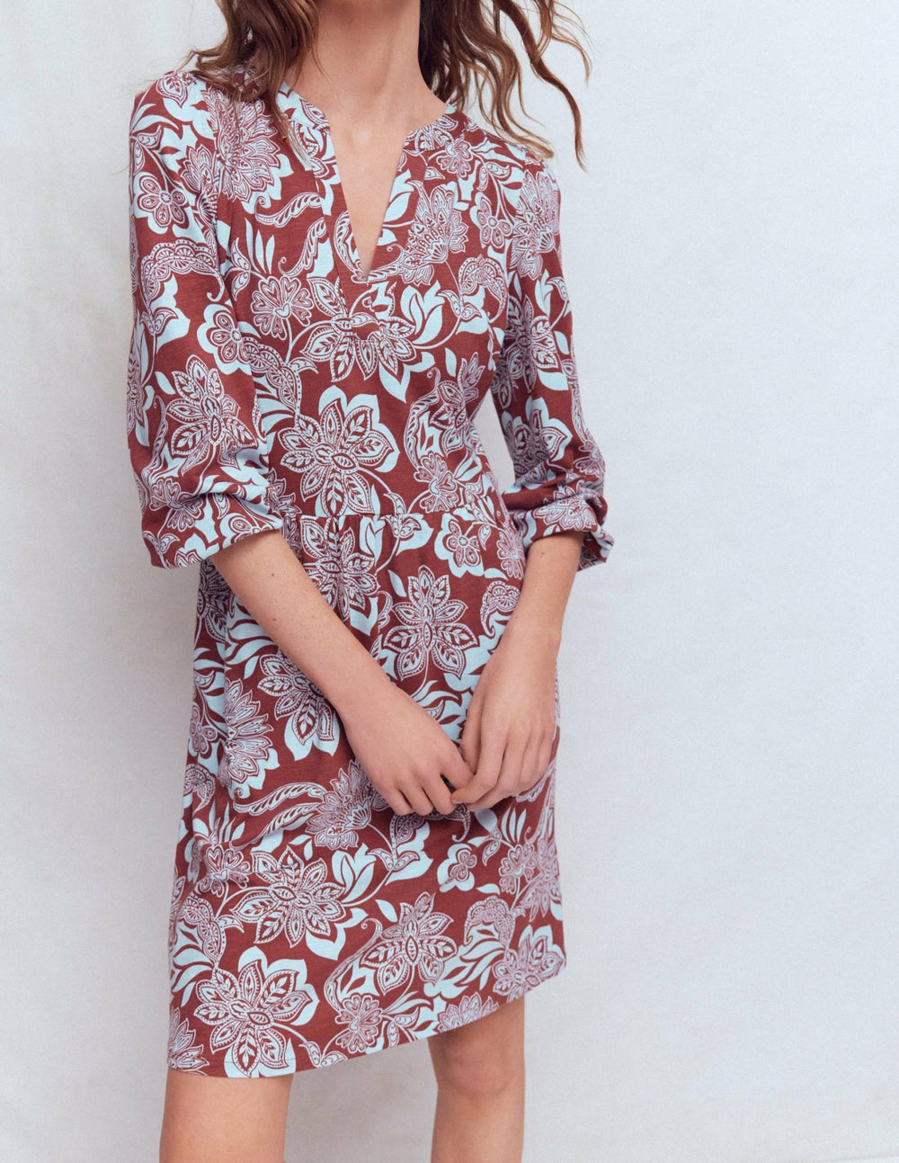 Cathy Notch Neck Jersey Dress-Roasted Brown, Elegant Blossom / Boden Sale