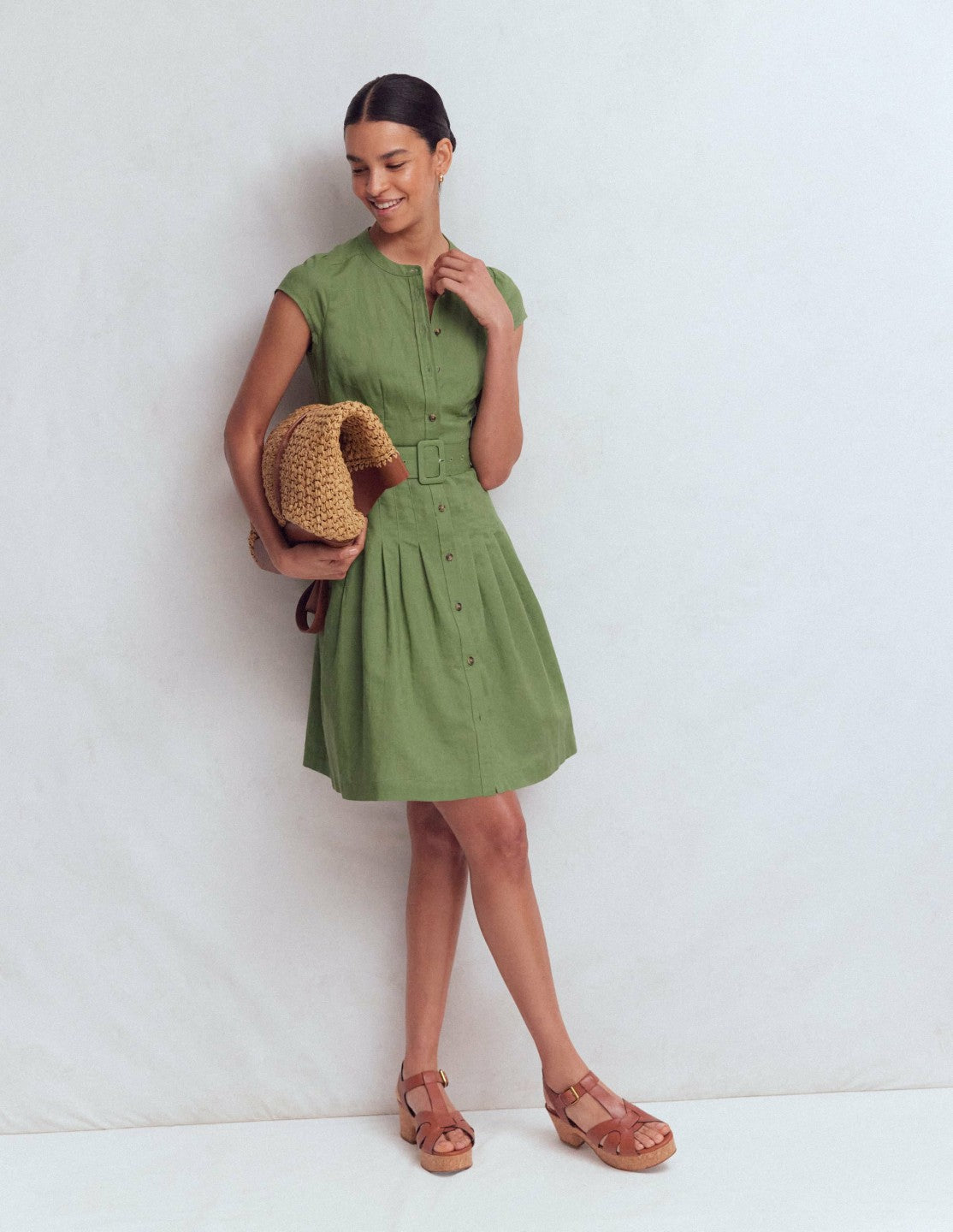 Arabella Short Linen Dress-Safari Green / Boden Discount