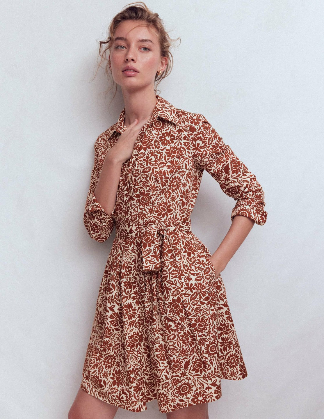 Alexa Long Sleeve Short Dress-Brown, Meadow Scatter / Boden Online