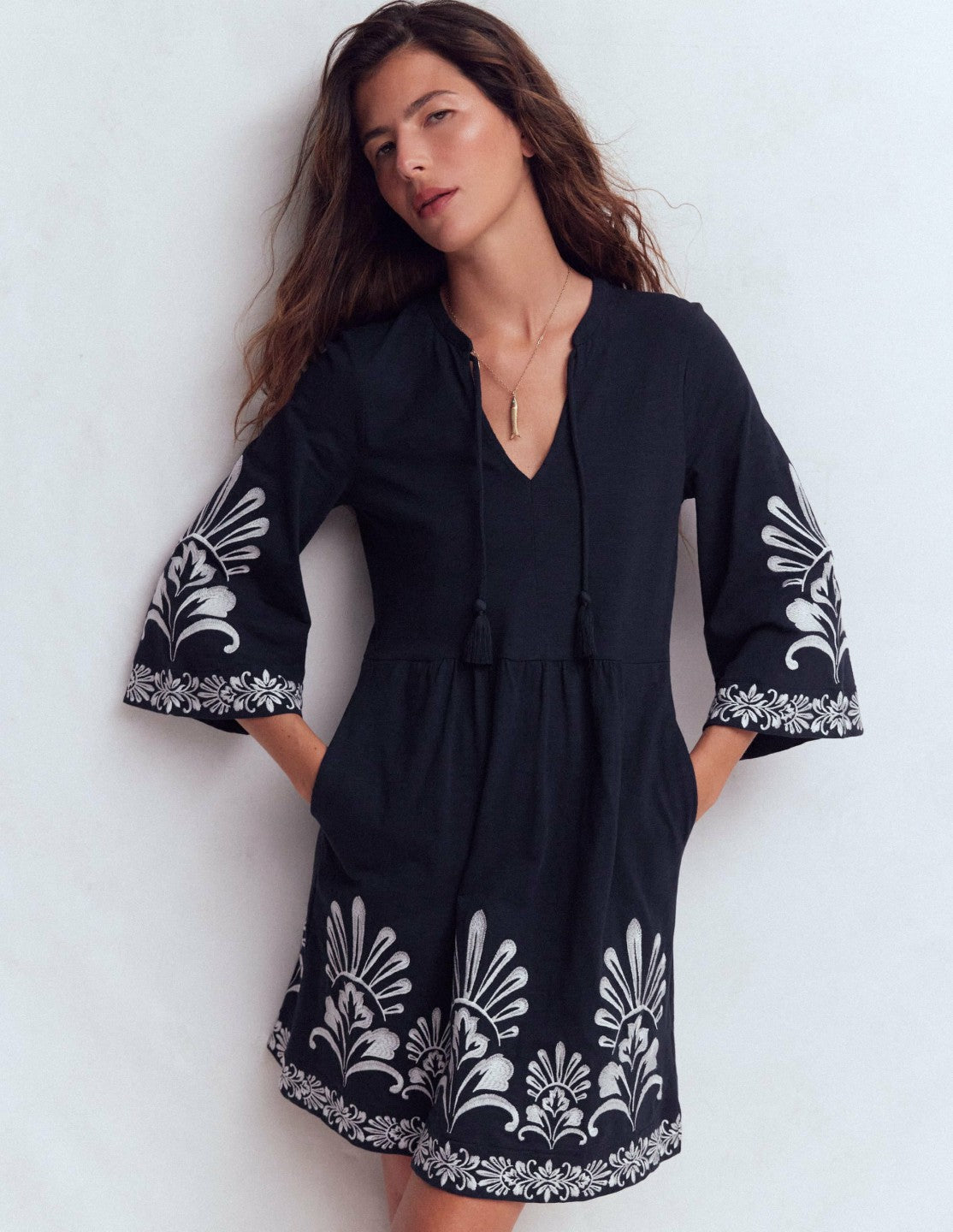 Short Kaftan Jersey Dress-Navy Embroidered / Boden Sale