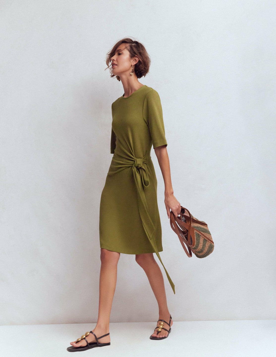 Zinnia Tie Jersey Short Dress-Olive / Boden Online