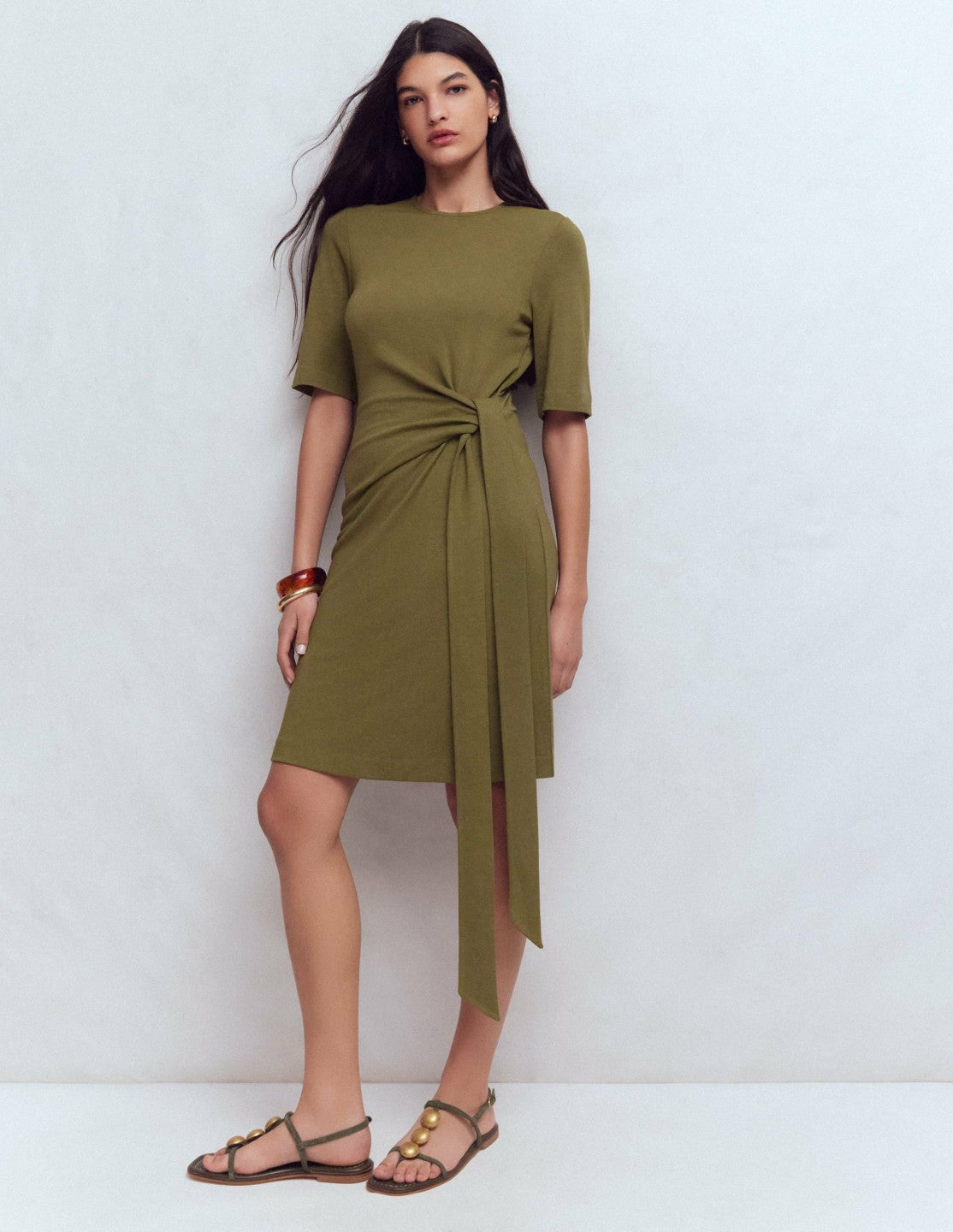 Zinnia Tie Jersey Short Dress-Olive / Boden Online