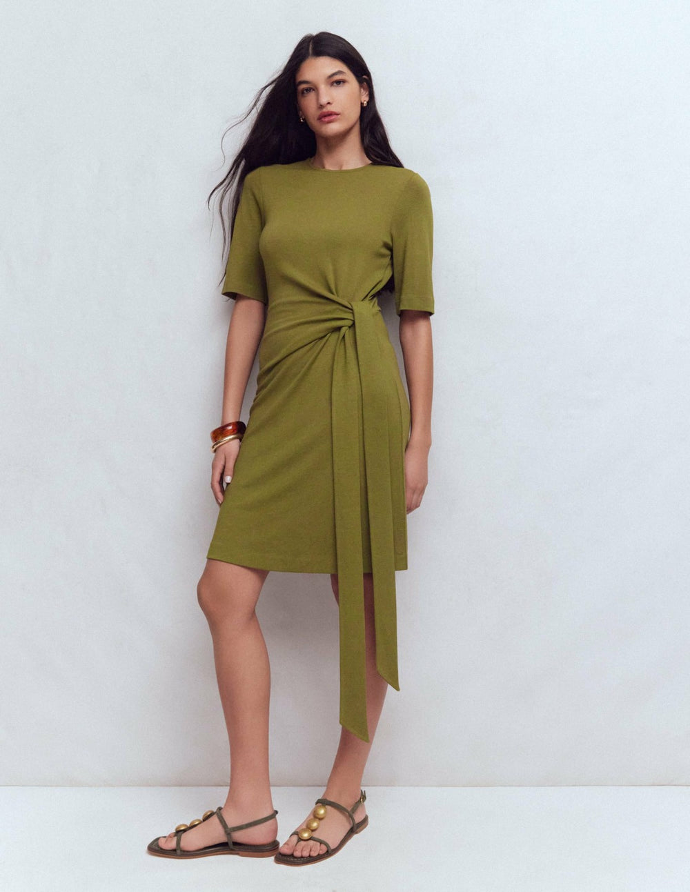 Zinnia Tie Jersey Short Dress-Olive / Boden Online