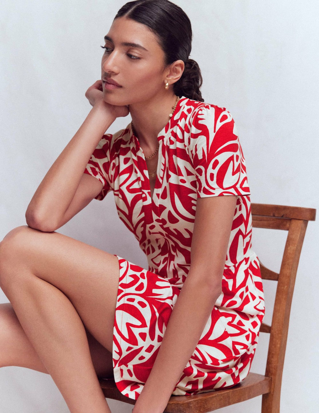 Naomi Short Sleeve Dress-Merida Red, Leafy Cascade Mono / Boden