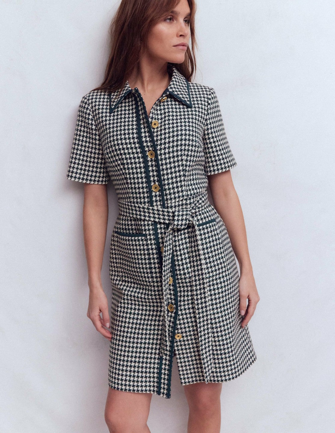 Loren Trim Short Dress-Navy Dogtooth / Boden Online