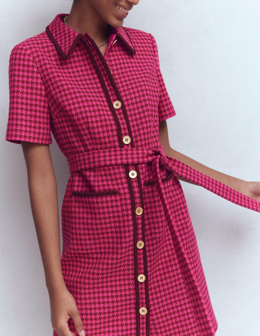 Loren Trim Short Dress-Red & Pink Dogtooth / Boden Discount