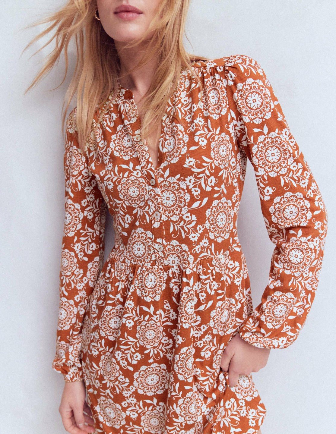 Amy Short Jersey Dress-Brown, Decorative Blossom / Boden
