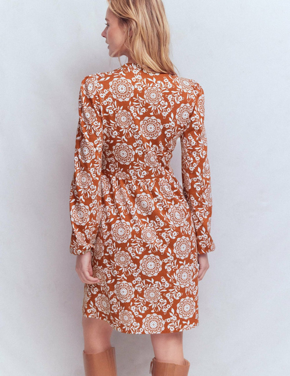 Amy Short Jersey Dress-Brown, Decorative Blossom / Boden