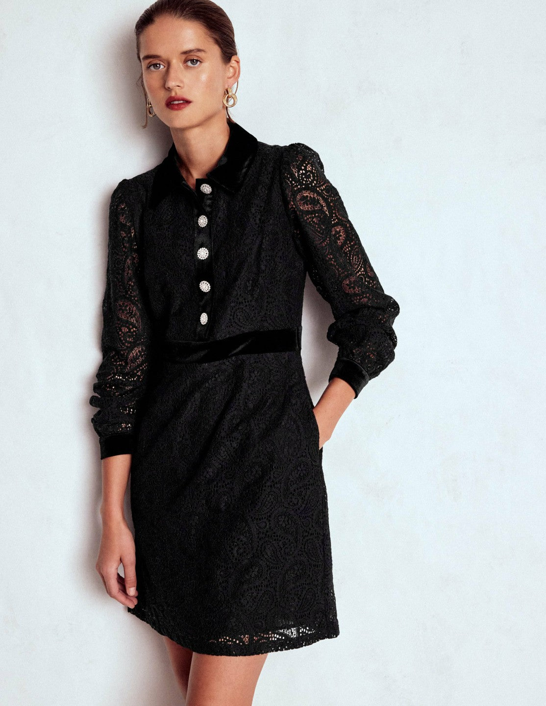 Collar Button Lace Dress-Black / Boden Sale