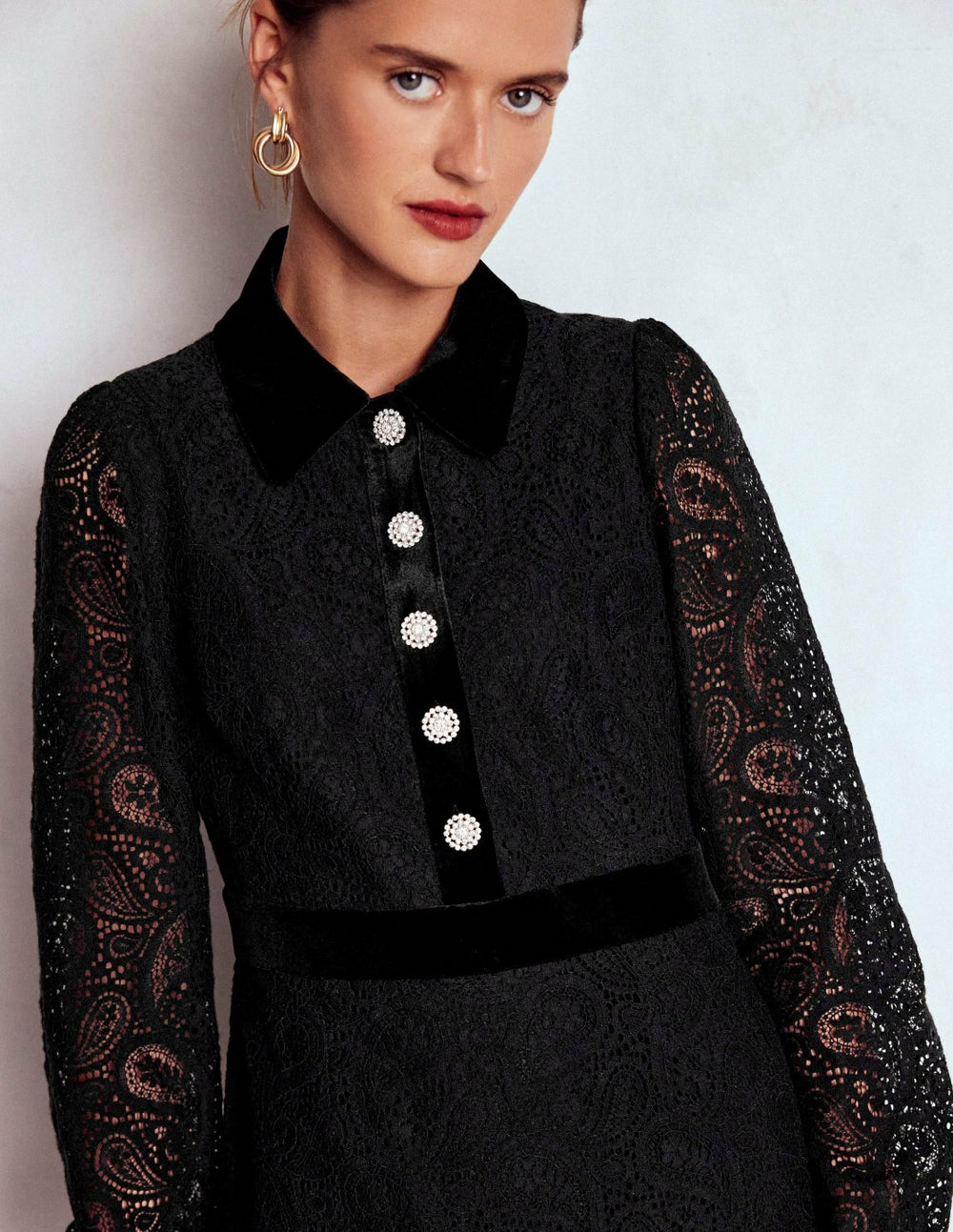 Collar Button Lace Dress-Black / Boden Sale