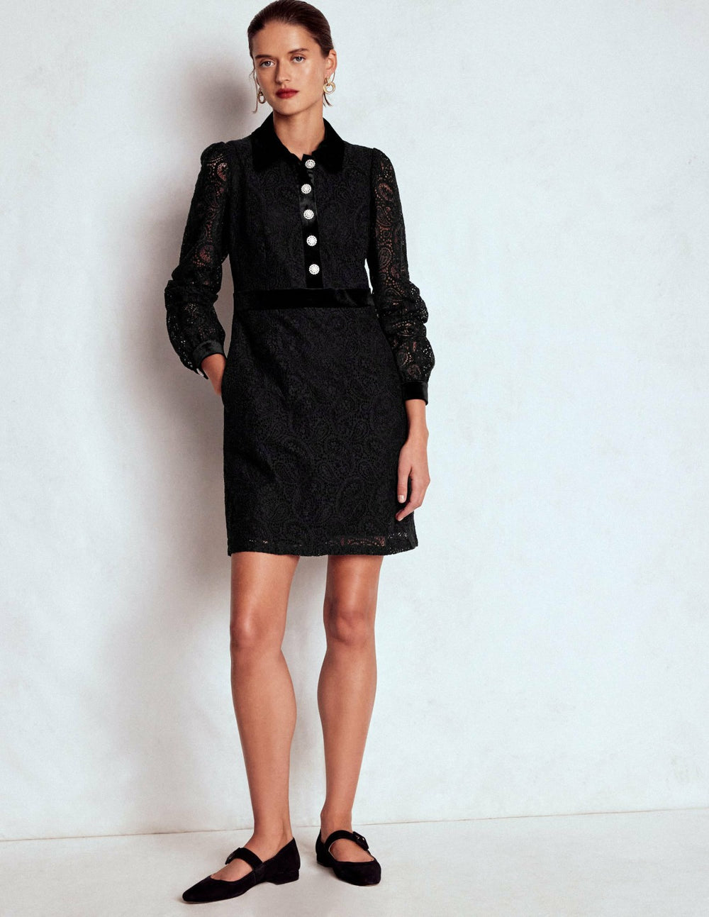 Collar Button Lace Dress-Black / Boden Sale