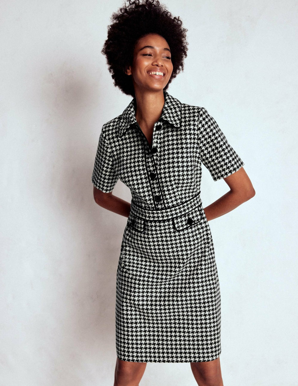 Eda Wool Shift Dress-Black Dogstooth / Boden Online