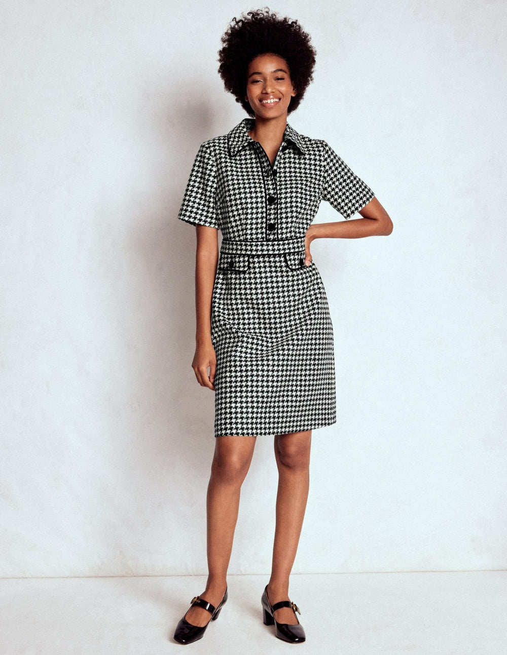 Eda Wool Shift Dress-Black Dogstooth / Boden Online