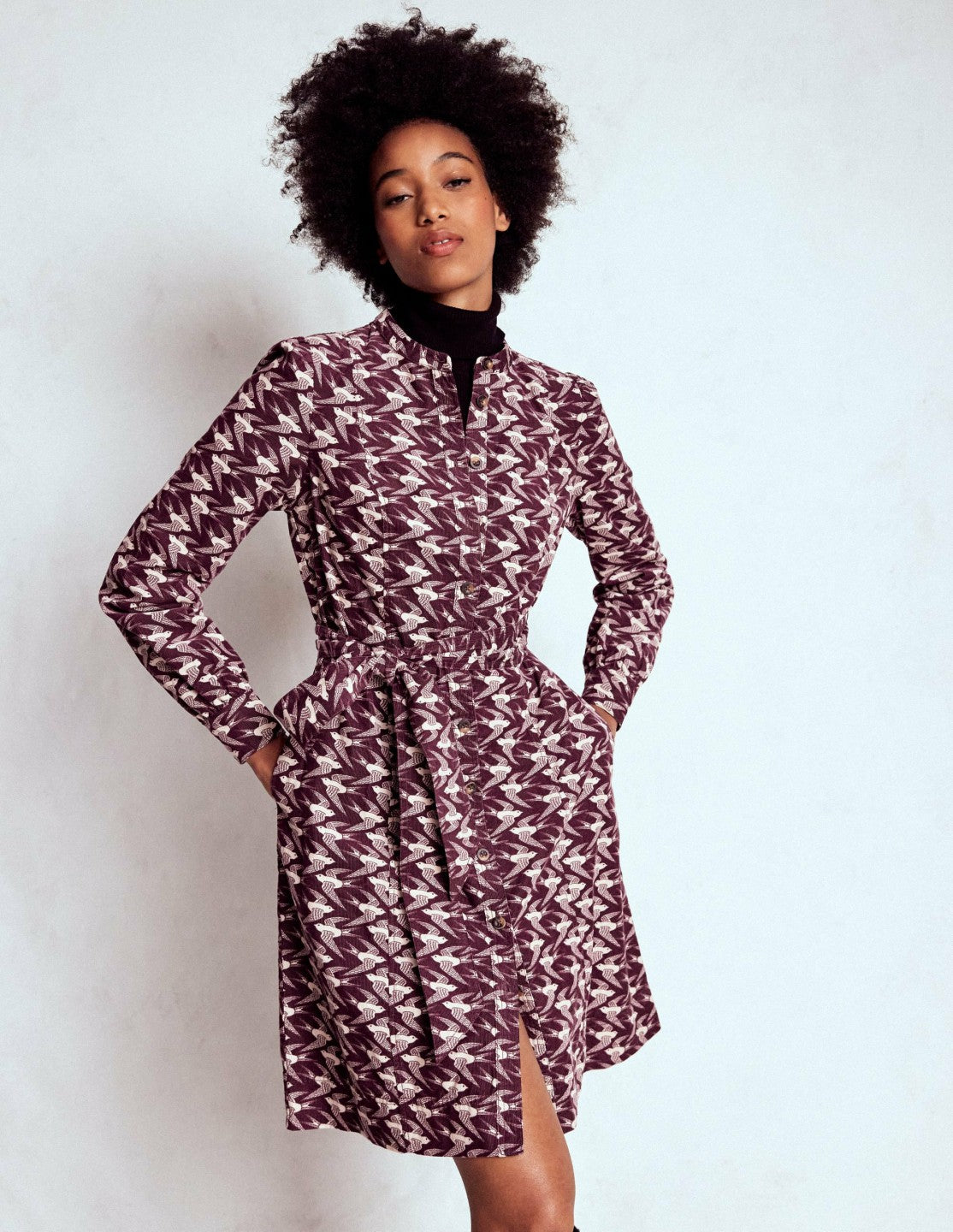 Bre Cord Short Dress-Dark Cherry, Swooping Swallow / Boden Outlet