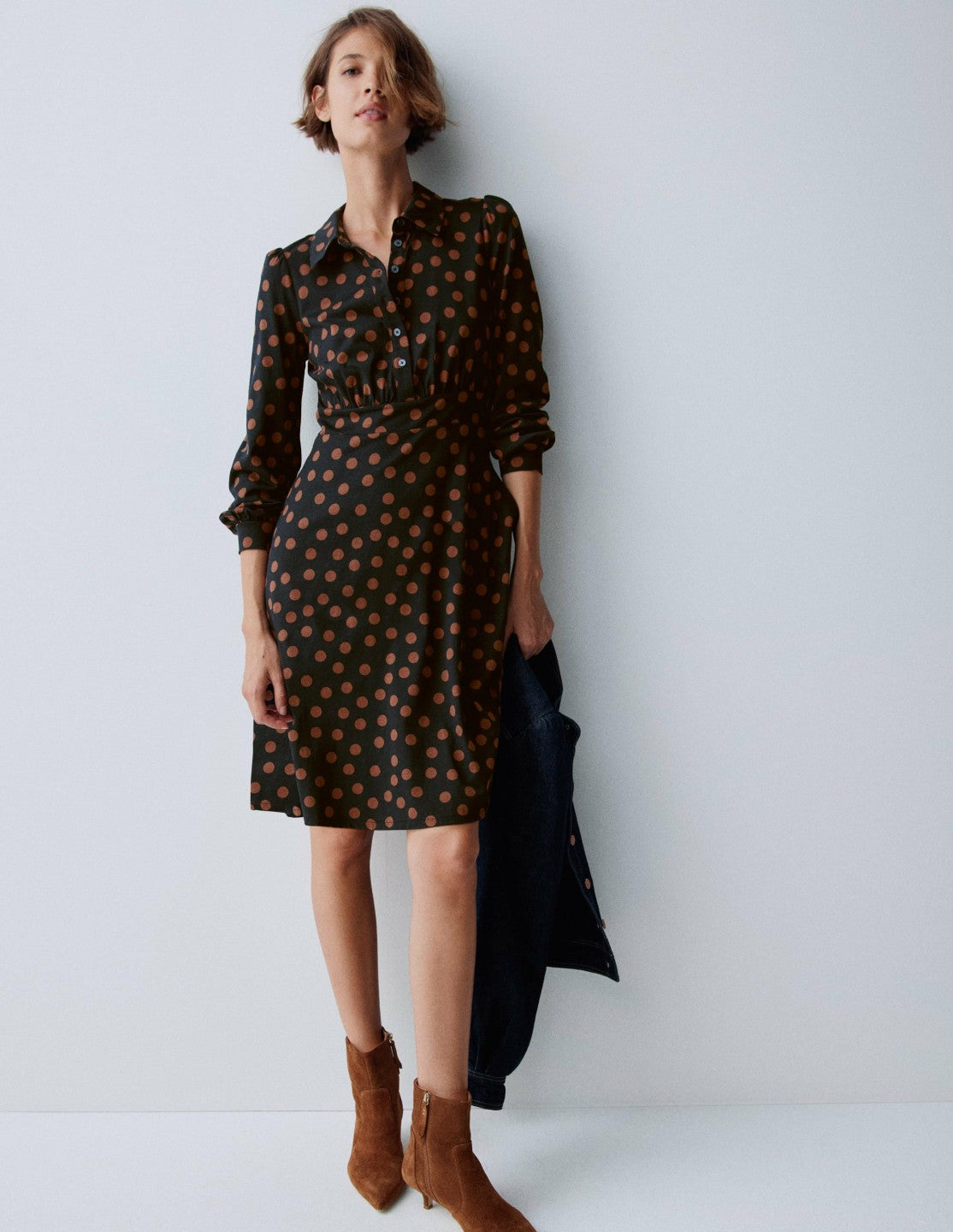 Orla Short Jersey Shirt Dress-Russet, Painted Dot / Boden Sale