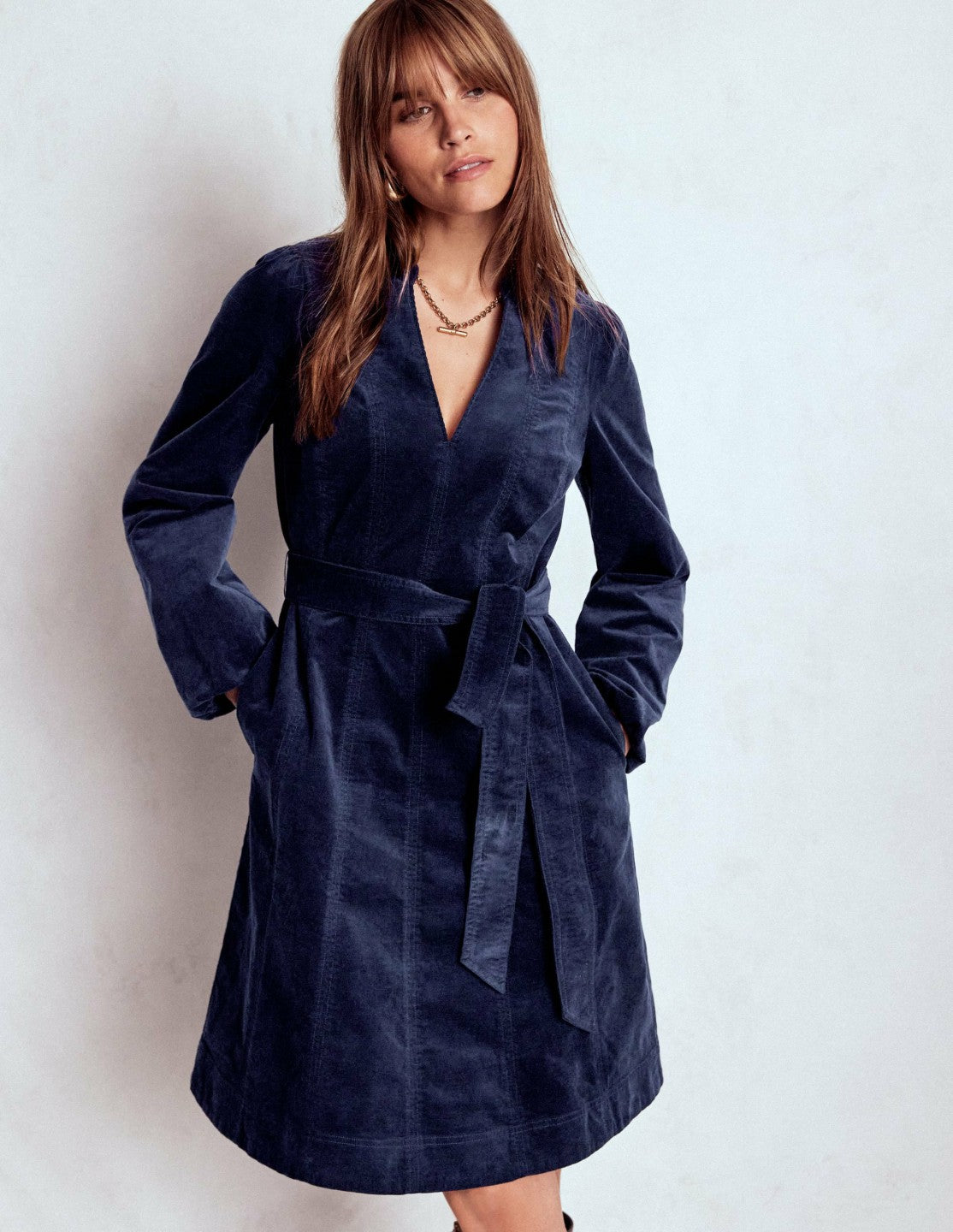 Ros Panelled Cord Short Dress-Navy / Boden Online