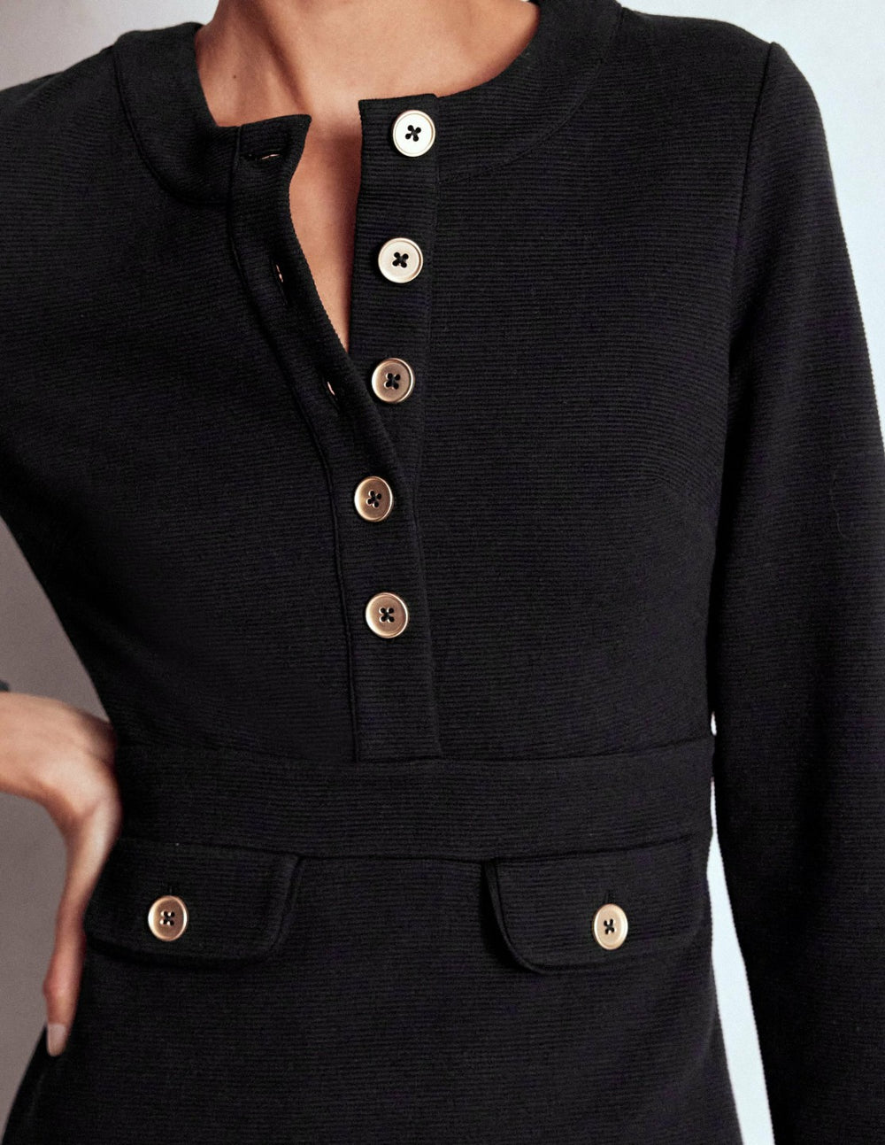 Lavinia Button Shift Dress-Black / Boden Outlet