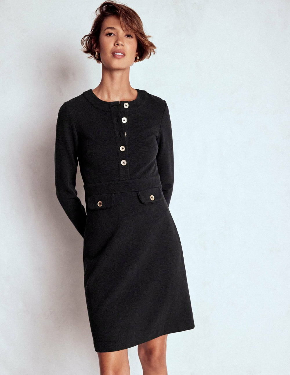 Lavinia Button Shift Dress-Black / Boden Outlet