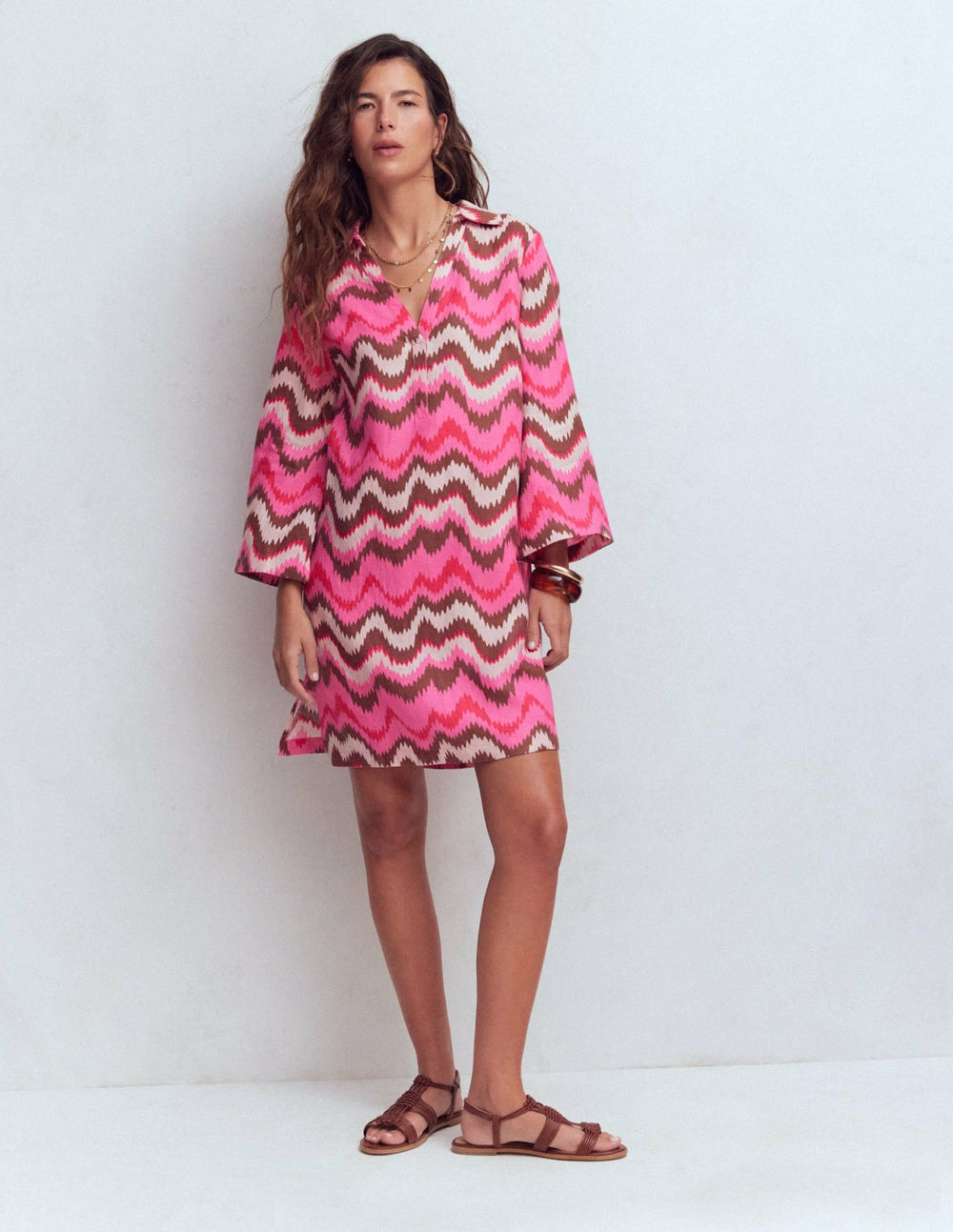 Carmen Linen Short Dress-Pink, Zig Zag Wave / Boden Discount