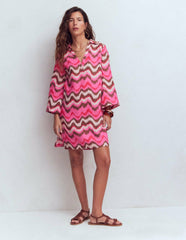 Carmen Linen Short Dress-Pink, Zig Zag Wave / Boden Discount
