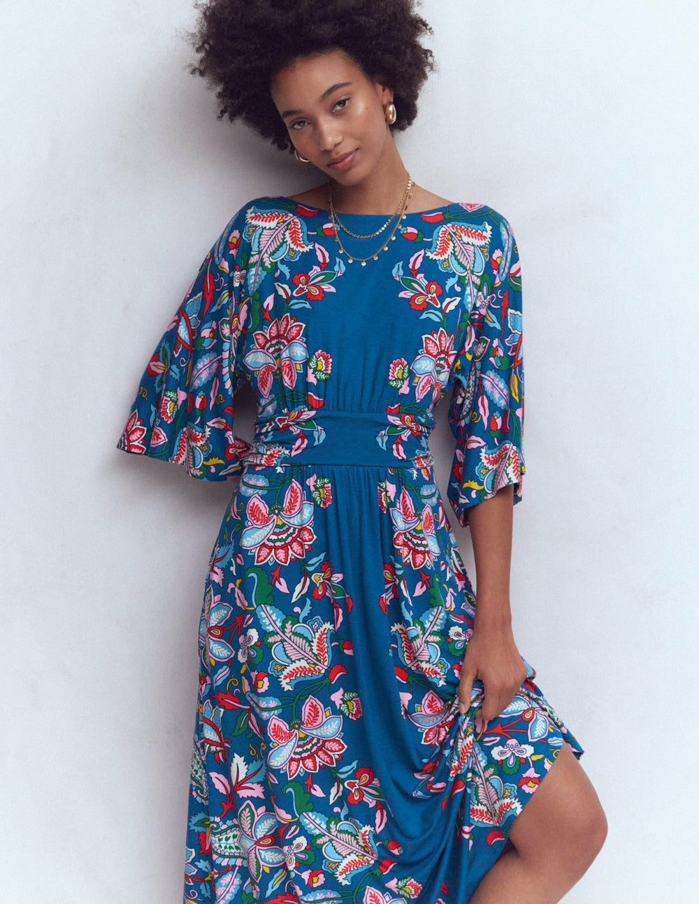 Imelda Kimono Jersey Dress-Blue, Botanical Trail / Boden Online