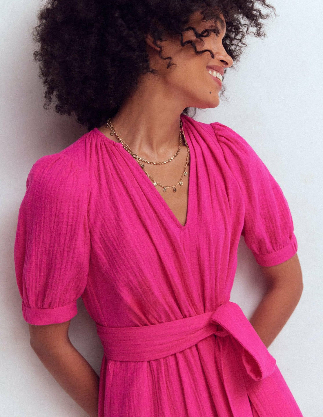 Double Cloth Puff Sleeve Dress-Bright Pink / Boden Outlet