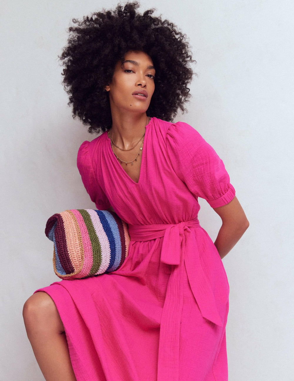 Double Cloth Puff Sleeve Dress-Bright Pink / Boden Outlet