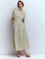Ivy Placket Linen Midi Dress-Olive, Ivory Stripe / Boden us