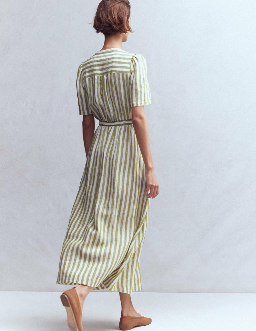 Ivy Placket Linen Midi Dress-Olive, Ivory Stripe / Boden us