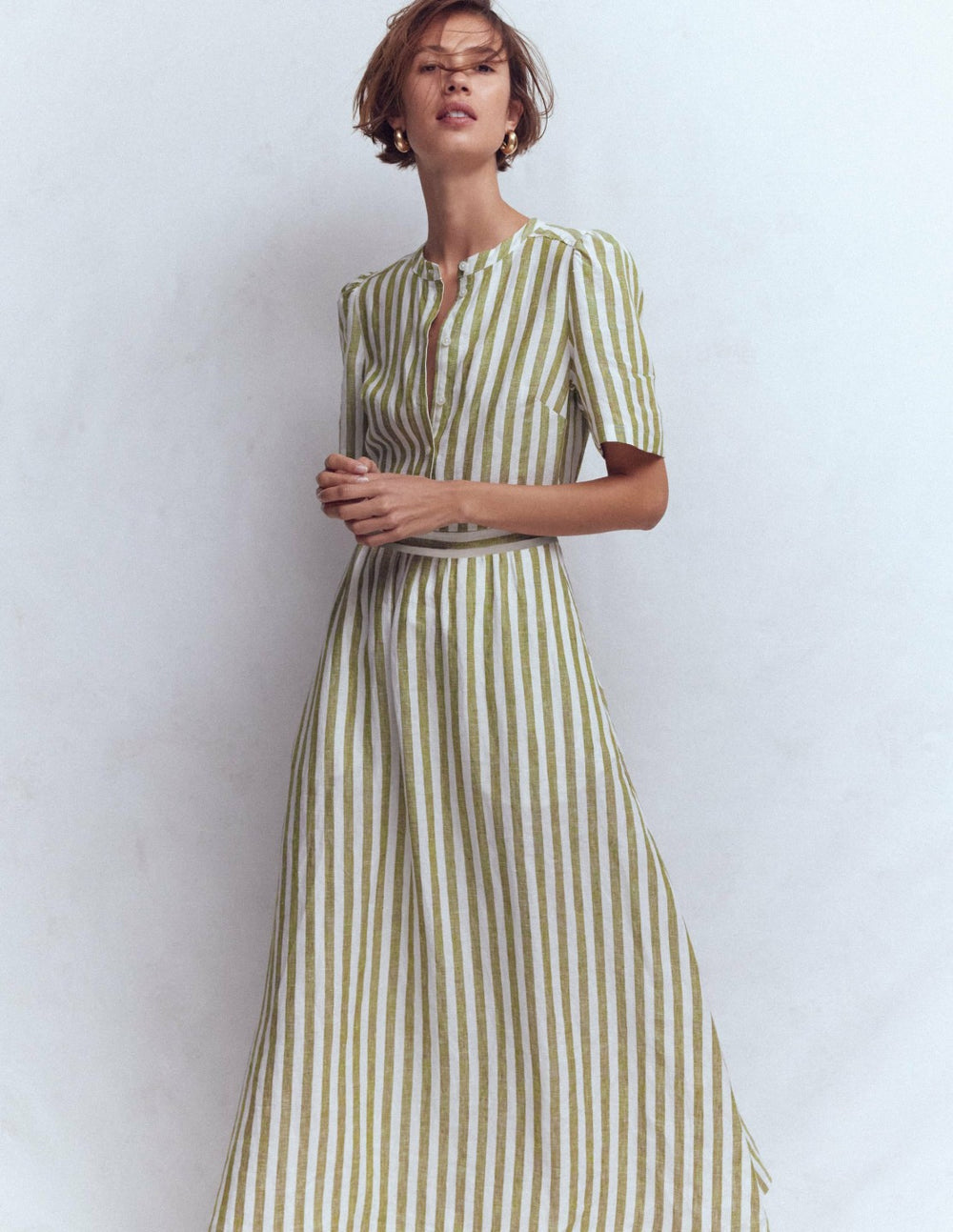Ivy Placket Linen Midi Dress-Olive, Ivory Stripe / Boden us